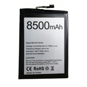 BAT25738500 8500mAh 3.85V Li-ion Polymer replacement battery for Doogee S86 and S86 Pro, front view showing battery surface with model number BAT25738500, capacity 8500mAh, voltage 3.85V, and connector flex cable