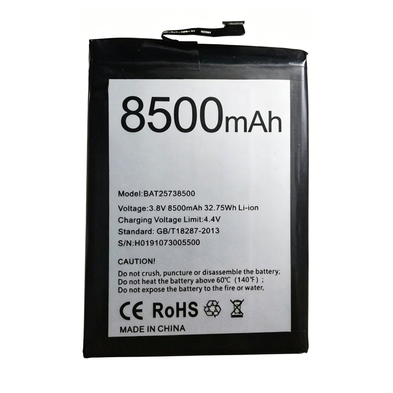 BAT25738500 8500mAh 3.85V Li-ion Polymer replacement battery for Doogee S86 and S86 Pro, front view showing battery surface with model number BAT25738500, capacity 8500mAh, voltage 3.85V, and connector flex cable