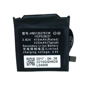 HB512627ECW 410mAh 3.82V Li-ion replacement battery for Huawei Watch 2 Pro 4G, front view showing battery label