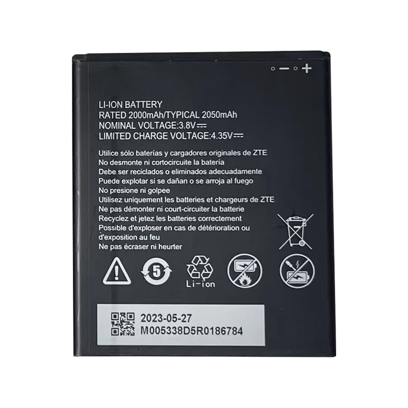 Li3820T43P4h695945 2050mAh 3.8V replacement battery for ZTE Blade A3 2019, back view showing model number Li3820T43P4h695945, capacity 2050mAh, and voltage 3.8V on spec label