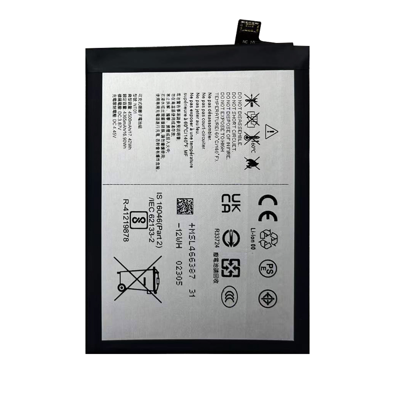 NT01 4500mAh 3.87V replacement battery for Nothing Phone 1 A063, back view showing model number NT01, capacity 4500mAh, and voltage 3.87V on spec label