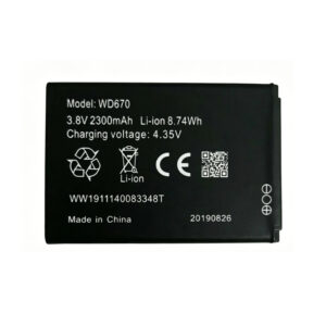 WD670 2300mAh 3.8V Li-Polymer replacement battery for JioFi M2, JioFi M2S, and Reliance Wi-Pod H12348, front view showing battery label