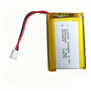 103450 2000mAh 3.7V Li-ion battery with 2.54-2P connector for educational toys and beauty devices, front view on white background