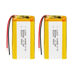 2PCS 103665 3000mAh 3.7V Grade A Li-Polymer rechargeable batteries with protection board, both batteries front view showing battery labels and red/black wires