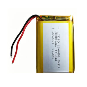 104058 3000mAh 3.7V Li-Polymer rechargeable battery with protection board, front view showing battery label and red/black wires