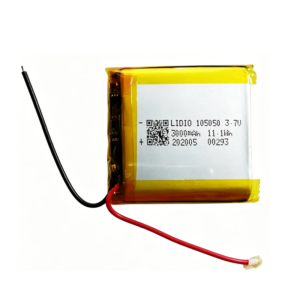 105050 3000mAh 3.7V Li-Polymer rechargeable battery with protection board, front view showing battery label and red/black wires