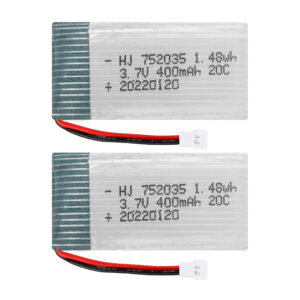 2PCS 752035 400mAh 3.7V 20C Li-Po battery with XH2.54 connector for X5CX M68 RC drone, two batteries side by side on white background