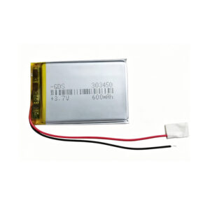 303450 600mAh 3.7V ultra-thin Li-Polymer rechargeable battery with protection board, front view showing battery label and red/black wires