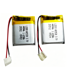 2PCS 602530 440mAh 3.7V Li-Polymer rechargeable batteries with protection board, front view showing battery labels and red/black wires