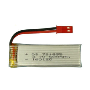 721855 500mAh 3.7V Li-Po battery with JST connector for UDI U818A, Feilun H07N, and U819A RC drones, front view showing battery label and connector