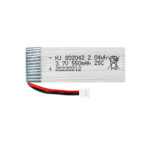 802042 550mAh 3.7V 25C Li-Polymer rechargeable battery with XH2.54 plug, front view showing battery label and connector
