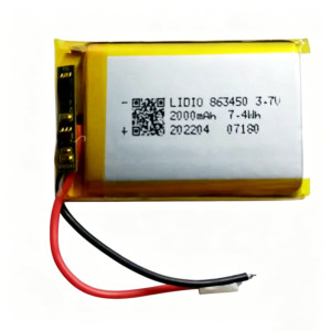 863450 2000mAh 3.7V Li-ion battery with protection board and pre-attached wires, front view on white background