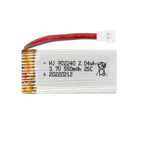 902240 550mAh 3.7V 25C LiPo battery with XH2.54 plug for RC drone quadcopter, front view on white background