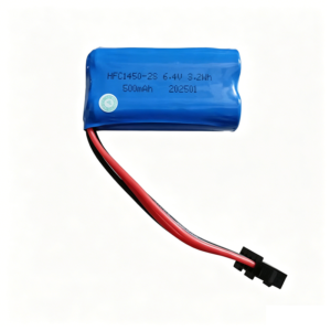 14500-2S 6.4V 500mAh LiFePO4 battery with SM-4P connector for WLtoys 6WD RC crawler, front view on white background