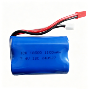 18500 7.4V 1100mAh JST 15C 2S Li-ion battery pack for HQ827 MJX T10 T11 T34 RC drone boat, front view showing cylindrical cells on white background