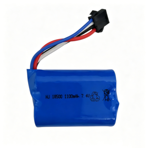 18500 7.4V 1100mAh 2S Li-Po battery with SM-4P connector for RC aircraft, front view on white background