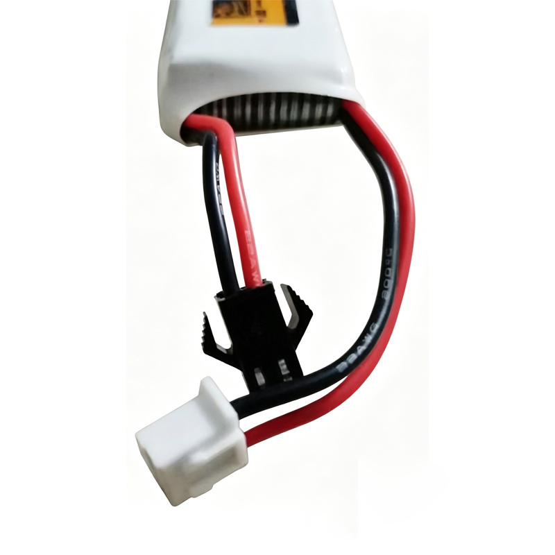 452540 2S 350mAh 7.4V Li-Po battery SM-2P connector detail, showing 2-pin JST-style plug with red wires for RC drone connection