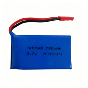 603048 3.7V 730mAh 1S Li-Po battery with JST connector for WLtoys V686 RC drone, front view on white background