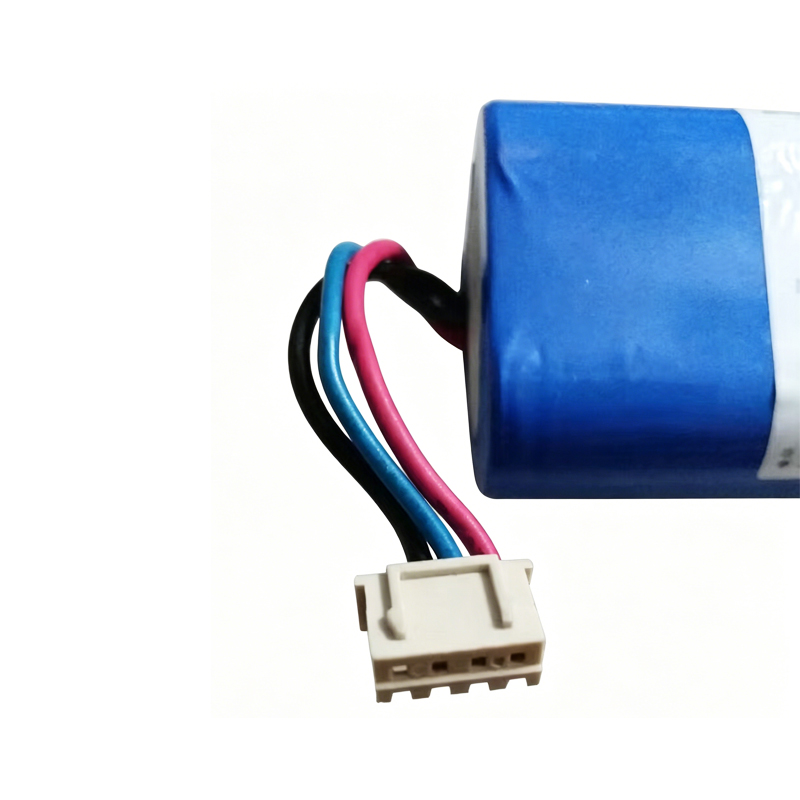 S09-LI-148-3200 3200mAh 14.8V replacement battery for Ecovacs Deebot robot vacuum, close-up view of the 4-pin battery connector showing pin arrangement and locking mechanism for proper fit verification