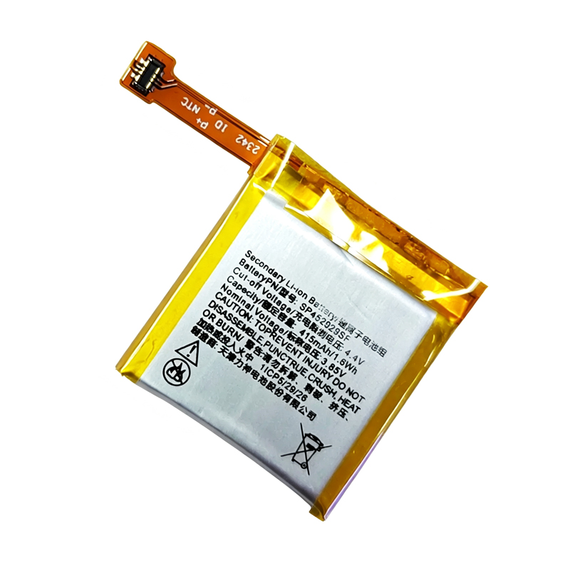 SP452929SF 415mAh 3.85V Li-ion Polymer replacement battery for Ticwatch Pro 4G WG12016, front view showing battery surface and small 2-pin connector