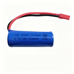 18500 1100mAh 3.7V 15C Li-ion battery with JST plug for Flywheel FT008 RC boat, front view on white background showing cylindrical cell body