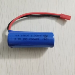 18500 1100mAh 3.7V 15C Li-ion rechargeable battery with JST plug for Flywheel FT008 RC boat, front view, white background