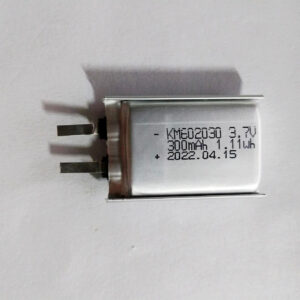 KM602030 300mAh 3.7V LiPo rechargeable battery with metal contact pads, front view, white background