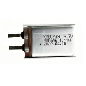 602030 300mAh 3.7V Li-ion Polymer battery with exposed metal contact pads for soldering, front view showing positive and negative poles