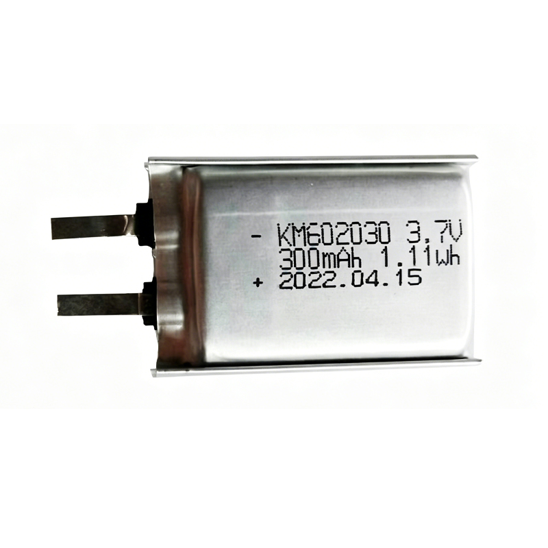 602030 300mAh 3.7V Li-ion Polymer battery with exposed metal contact pads for soldering, front view showing positive and negative poles