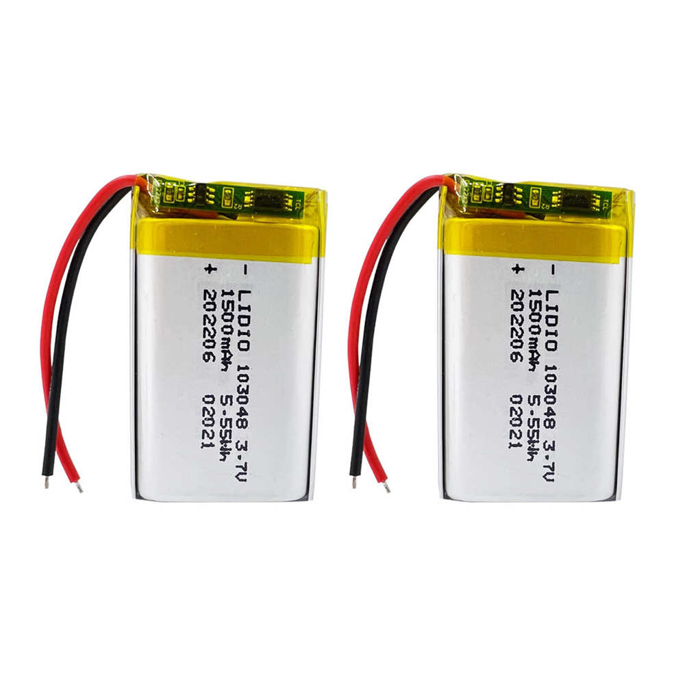 2PCS 103048 1500mAh 3.7V Li-Polymer rechargeable batteries with protection board, both batteries front view showing battery labels and red/black wires