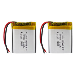 2PCS 103443 1500mAh 3.7V Li-Polymer rechargeable batteries for night light speaker GPS, both batteries front view showing battery labels and connector wires