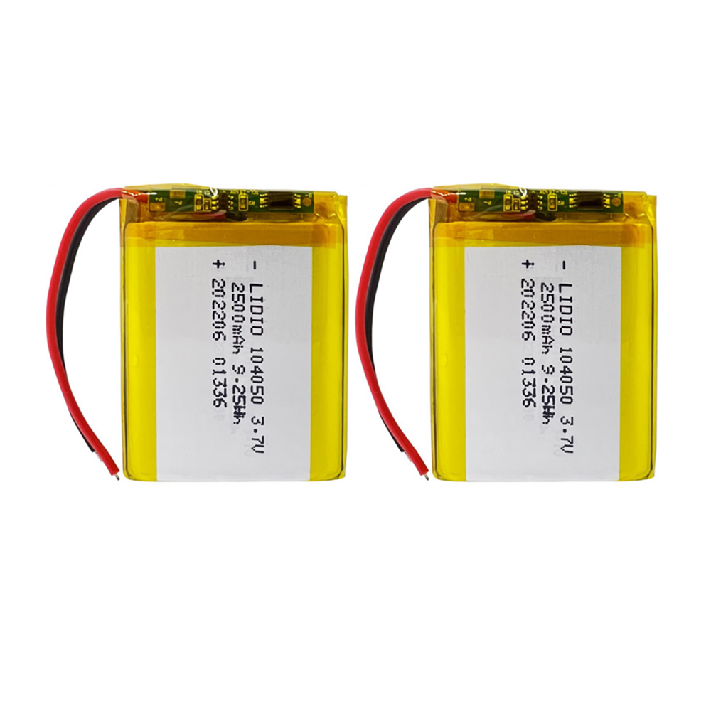 2PCS 104050 2500mAh 3.7V Li-Polymer rechargeable batteries with protection board, both batteries front view showing battery labels and red/black wires