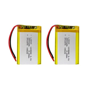 2PCS 123555 2500mAh 3.7V Li-Polymer rechargeable batteries with protection board, both batteries front view showing battery labels and red/black wires