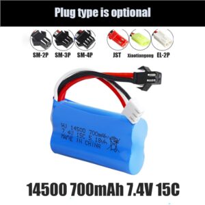 14500 700mAh 7.4V 15C 2S Li-ion battery pack for RC drone FPV, 6 plug types comparison view showing JST, SM-2P, SM-3P, SM-4P, EL-2P, and Xiaotiangong connectors on white background
