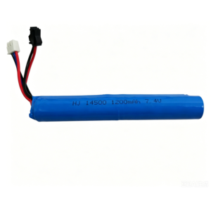 14500 1200mAh 7.4V 2S Li-ion battery for electric toys, front view showing cylindrical battery body, SM-2P discharge plug, and XH2.54-3P balance charge plug on white background