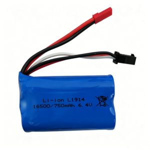 16500 6.4V 750mAh 2S LiFePO₄ battery for RC high speed toys car, front view showing battery body, JST-2P discharge plug, and SM-3P balance charge plug on white background