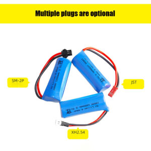 18500 1200mAh 3.7V 15C Li-ion battery for S900 RC helicopter drone, 3 plug types comparison view showing JST, SM, and XH2.54 connectors on white background