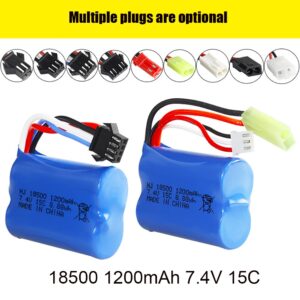 18500 1200mAh 7.4V 15C 2S Li-ion battery pack for S900 RC drone boat, 6 plug types comparison view showing JST, SM, T, EL-2P, SM-4P, and Xiaotiangong connectors on white background