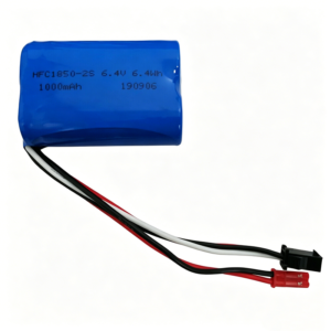 18500 6.4V 1000mAh 2S LiFePO₄ battery for L959-A L969-A RC car, front view showing battery body, JST-2P discharge plug, and SM-3P balance charge plug on white background