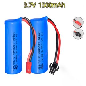 18650 1500mAh 3.7V 15C Li-ion battery for RC helicopter drone, 2 plug types comparison view showing JST and SM connectors on white background