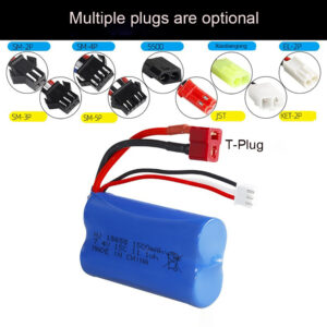 18650 1500mAh 7.4V 15C 2S Li-ion battery pack for RC drone FPV, 9 plug types comparison view showing JST, SM Long, SM Short, EL-2P, 5500, KET-2P, T, SM-4P, and Xiaotiangong connectors on white background