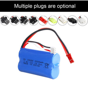 18650 2000mAh 7.4V 15C 2S Li-ion battery pack for RC drone FPV, 9 plug types comparison view showing JST, SM long, SM short, EL-2P, 5500, KET-2P, T, SM-4P, and Xiaotiangong connectors on white background