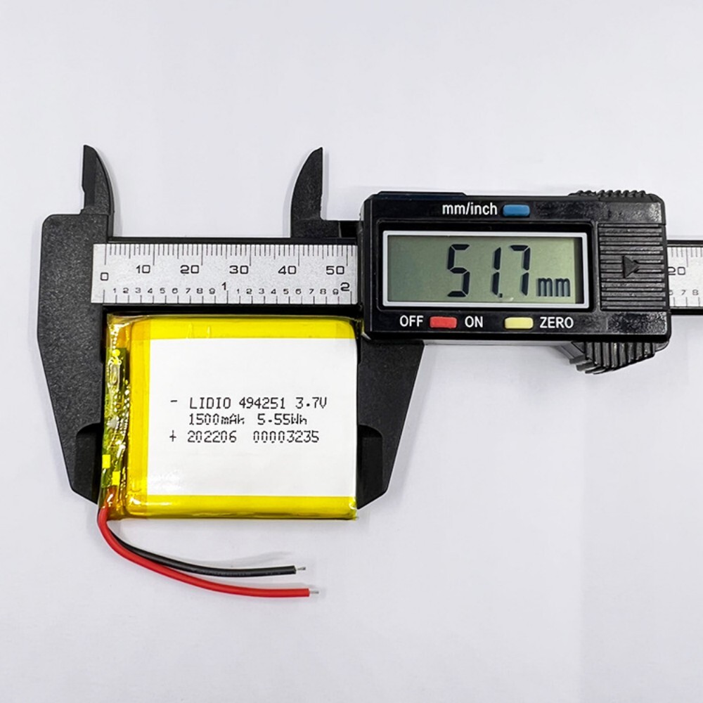 494251 battery length measurement, caliper showing 51mm, for GPS dash cam and makeup lenses battery size confirmation