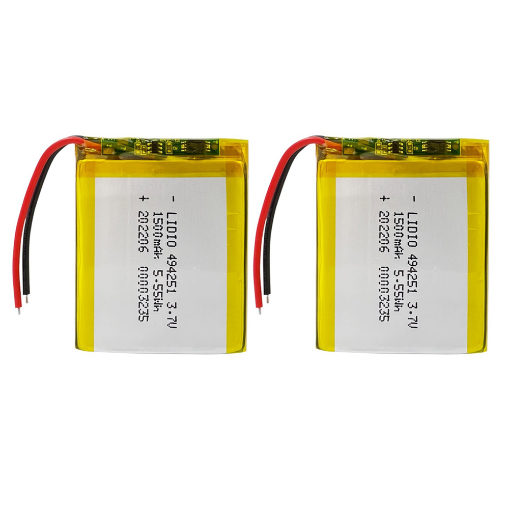 2PCS 494251 1500mAh 3.7V Li-Polymer rechargeable batteries with protection board, both batteries front view showing battery labels and red/black wires