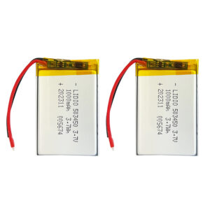 2PCS 503450 1000mAh 3.7V Grade A Li-Polymer rechargeable batteries with protection board, both batteries front view showing battery labels and red/black wires