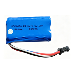 16500 6.4V 800mAh LiFePO4 rechargeable battery with SM-4P plug and red/black wires, front view showing battery label