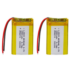 2PCS 603048 1000mAh 3.7V Li-Polymer rechargeable batteries with protection board for driving recorder and mosquito repellent lamp, both batteries front view showing battery labels and red/black wires