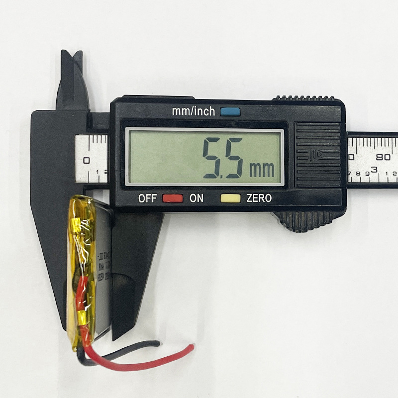 603443 battery thickness measurement, caliper showing 6mm, verifying ultra-thin profile for compact devices