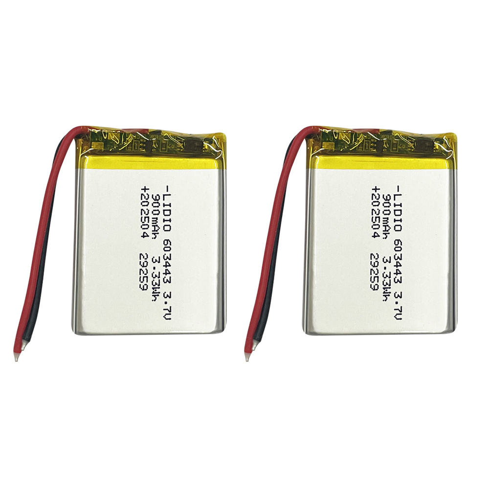 2PCS 603443 900mAh 3.7V Li-Polymer rechargeable batteries with protection board, both batteries front view showing battery labels and red/black wires