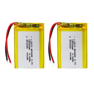 2PCS 603450 1200mAh 3.7V Grade A Li-Polymer rechargeable batteries with protection board, both batteries front view showing battery labels and red/black wires